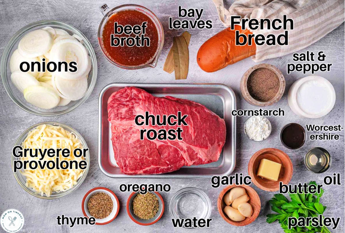 Overhead shot of french onion pot roast ingredients measured out and ready to use in the recipe. Each ingredient has been labeled.