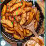 Two image graphic showing fried apples in cast iron skillet and also in small bowl served with ice cream. Text overlays at top and bottom of graphic.