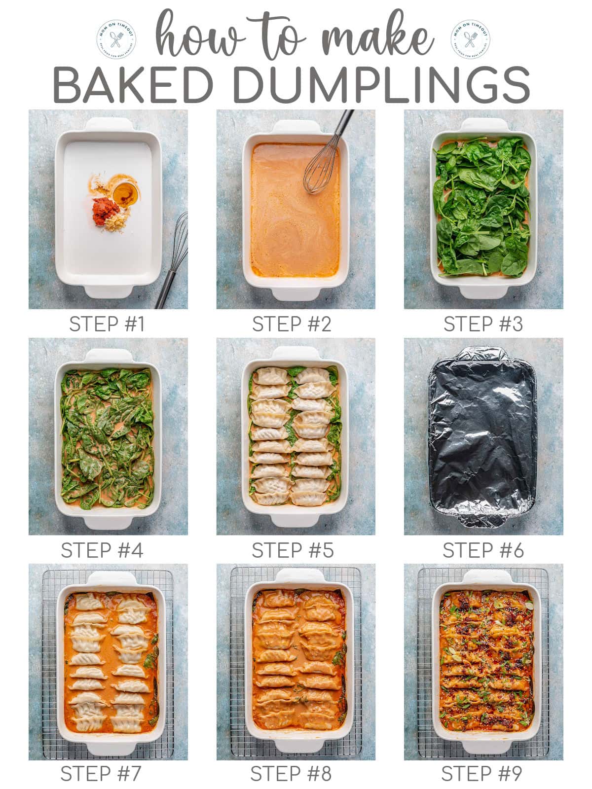 Nine image graphic showing how to make baked dumplings step by step. Title overlay at the top of the image.
