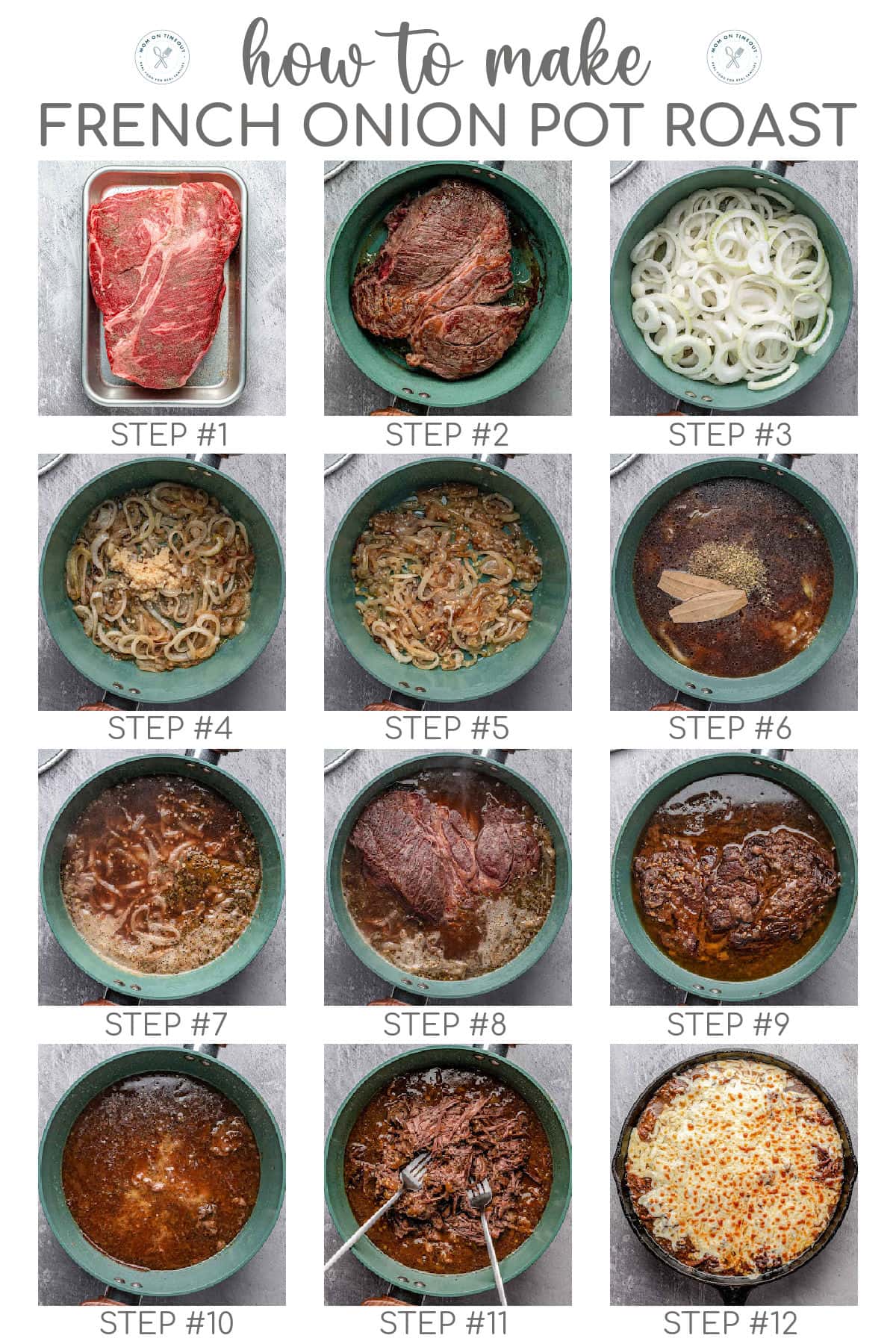 Twelve image graphic showing how to make french onion pot roast step by step. Text overlay at top of the image.
