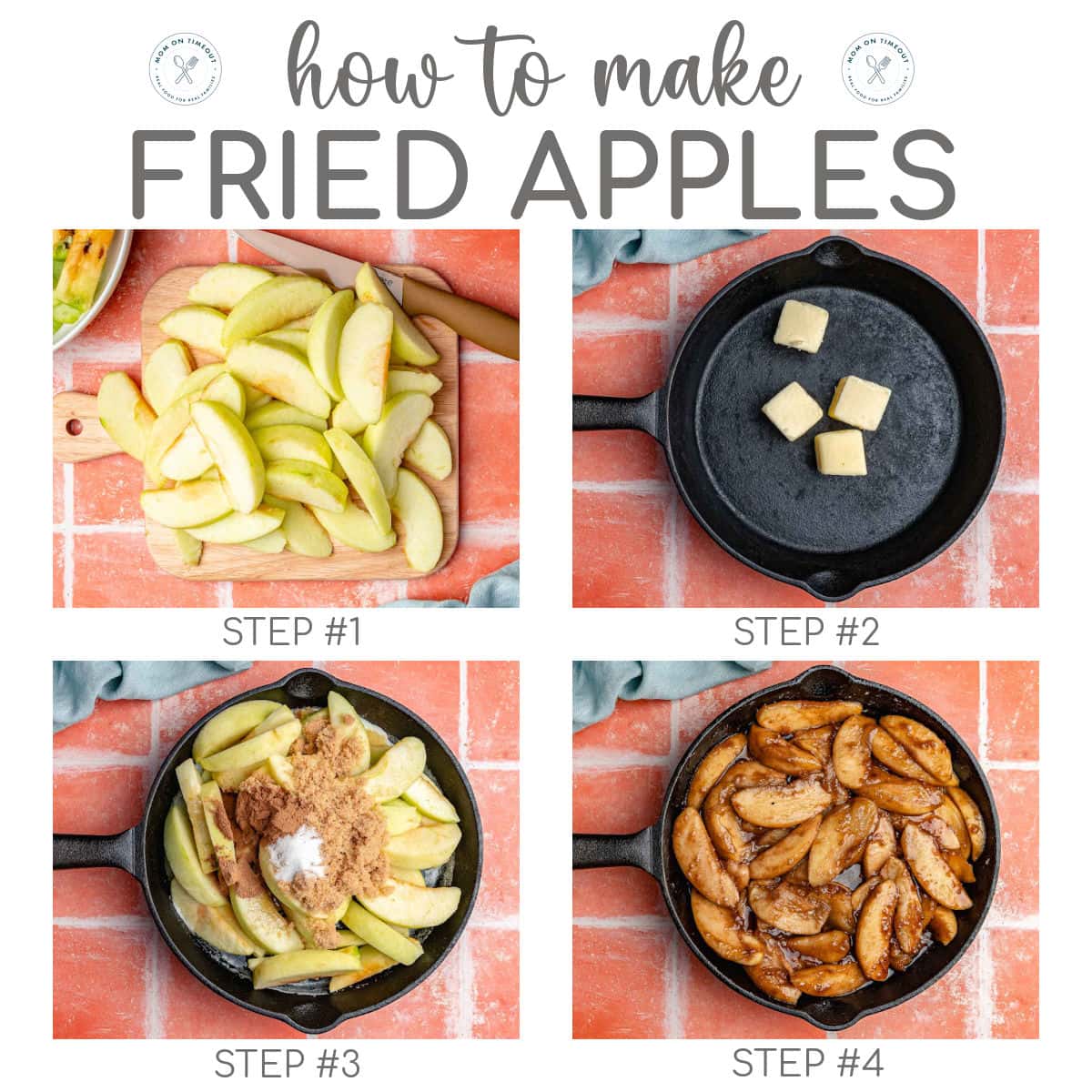 Four image graphic showing how to make fried apples step by step.