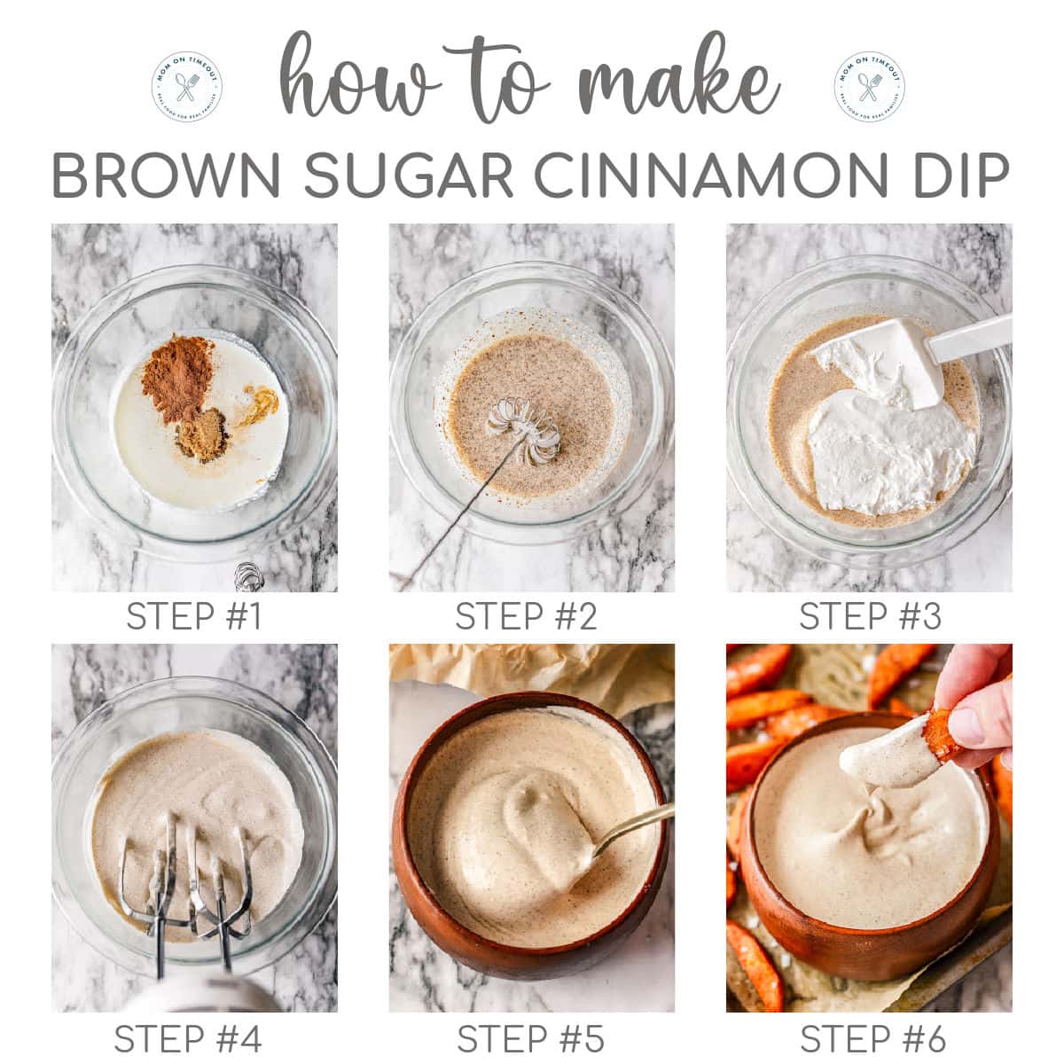 Six image graphic showing how to make brown sugar cinnamon marshmallow dip for sweet potato wedges. Text overlay at top of image.