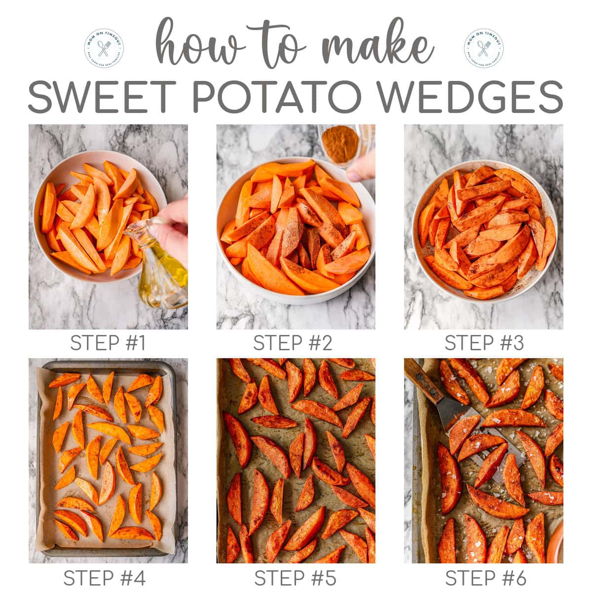 Six image graphic showing how to make sweet potato wedges. Text overlay at top of image.