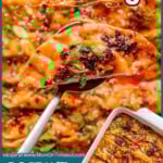 Two image graphic showing baked dumplings in baking dish and one dumplings held up high over the dish. Text overlay at top and bottom of image.