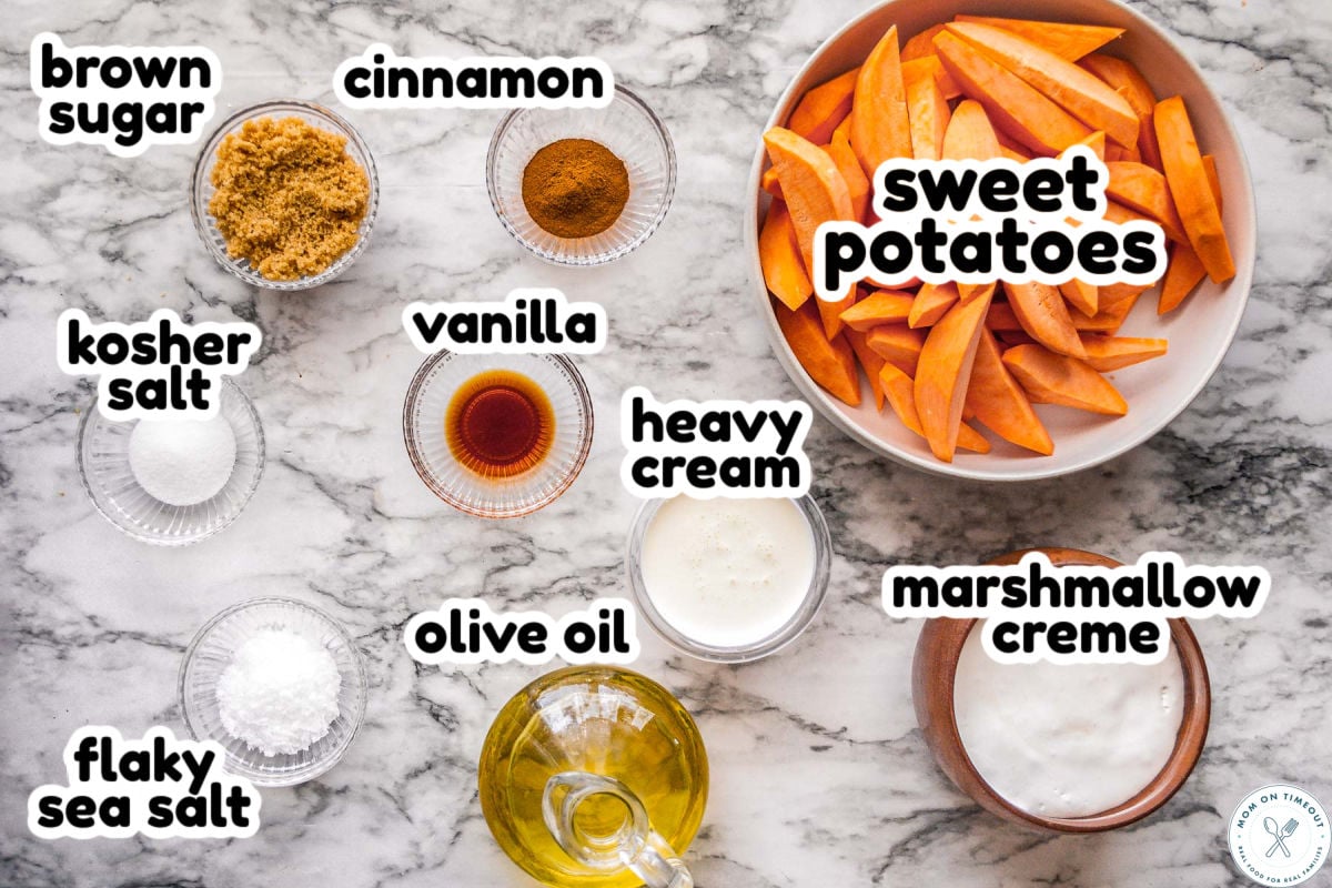 Overhead shot of sweet potato wedges ingredients measured out into small bowls with text overlay.