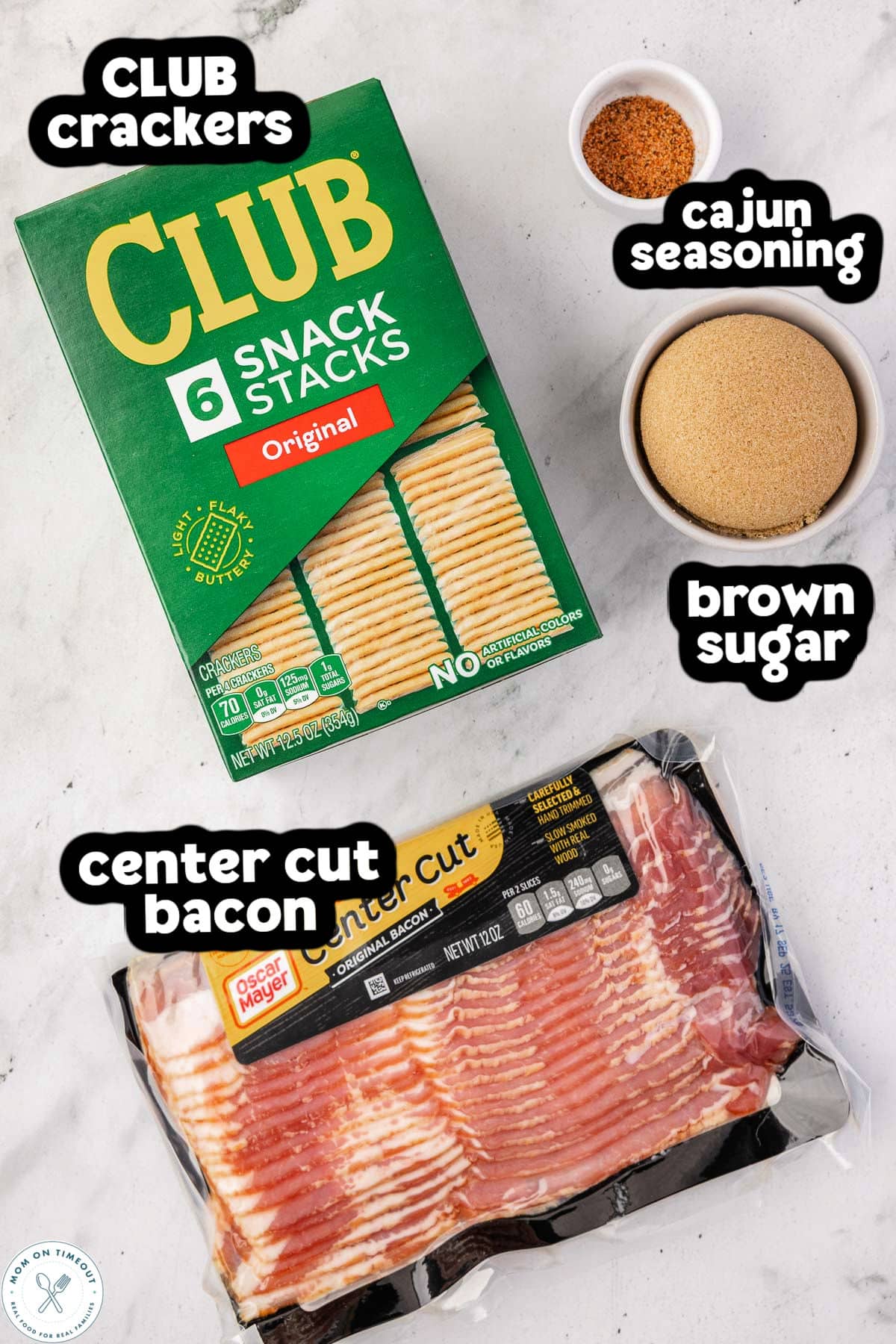 Bacon crackers ingredients overhead view and topped with a text label.