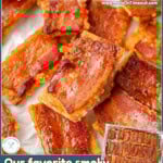 Two image graphic that shows bacon crackers stacked on white parchment. There is also a shot of the baking sheet topped with bacon crackers. Text overlay at top and bottom of image.