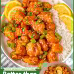 Two image graphic of chinese lemon chicken plated and shown in the skillet. Text overlay at the top and bottom if the image.