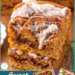 Three image graphic showing cinnamon roll pumpkin focaccia cut into squares and also in the pan ready to be baked and the finished focaccia baked. Text overlay at top and bottom of image.
