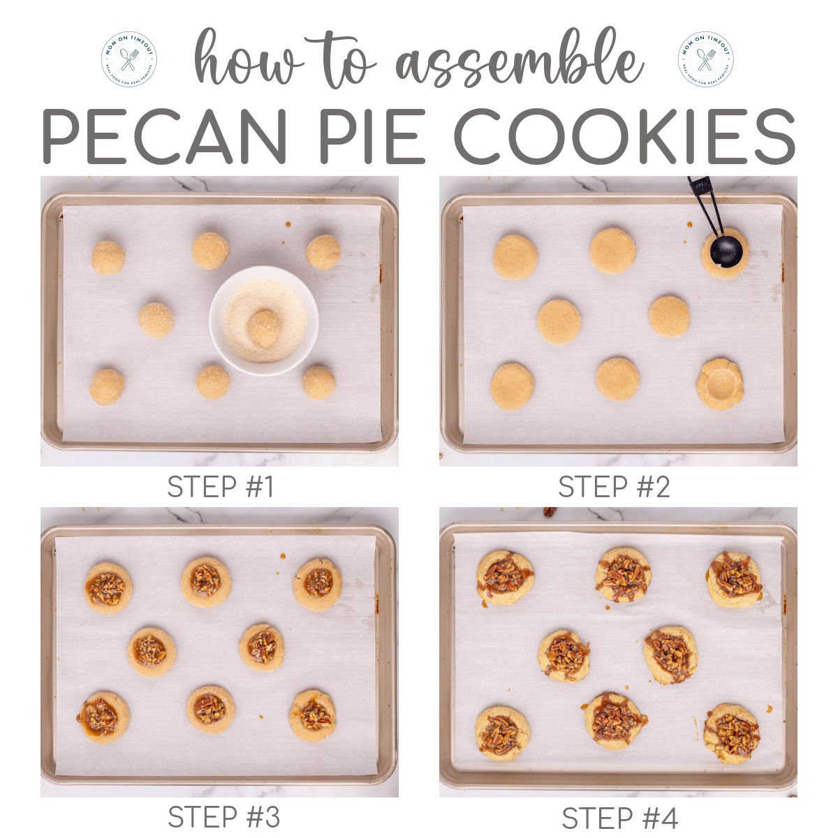 Four image graphic showing how to assemble and bake pecan pie cookies step by step. Title overlay at top of image.