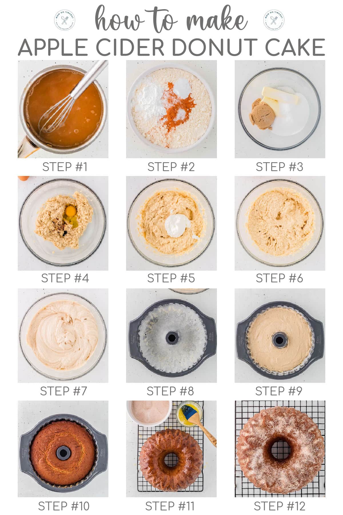 Twelve image graphic showing how to make apple cider donut cake step by step. Title overlay at top of image. 