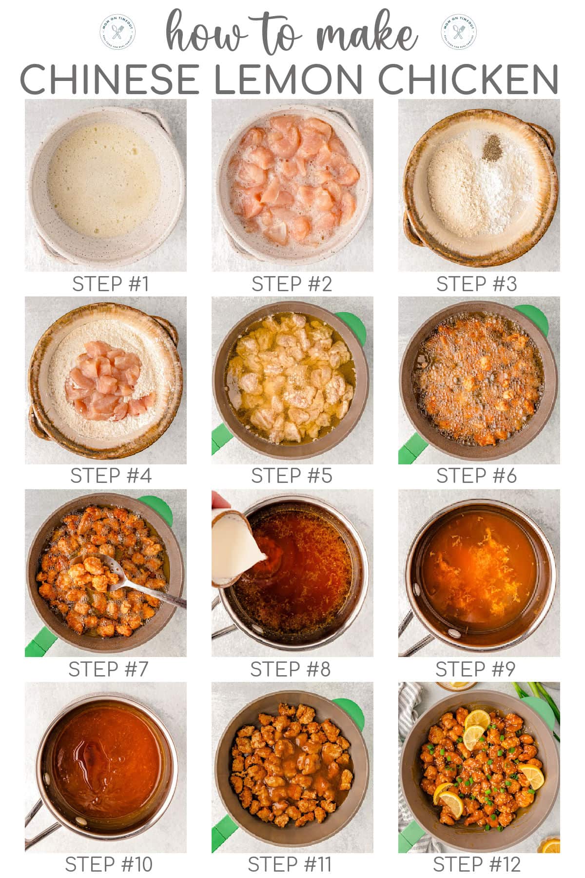 Twelve image collage showing how to make chinese lemon chicken step by step. Title overlay at top of image.