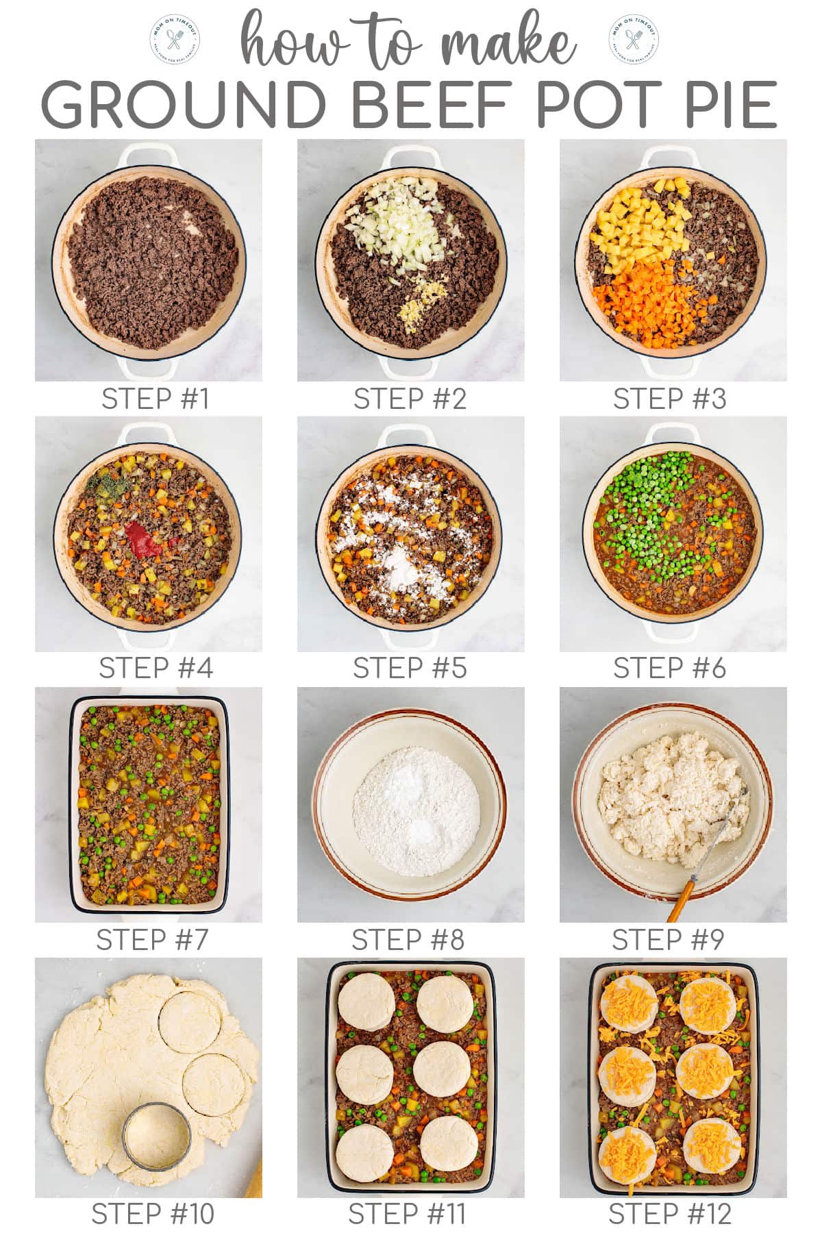 Twelve image graphic showing how to make beef pot pie step by step. Title overlay at top of graphic.