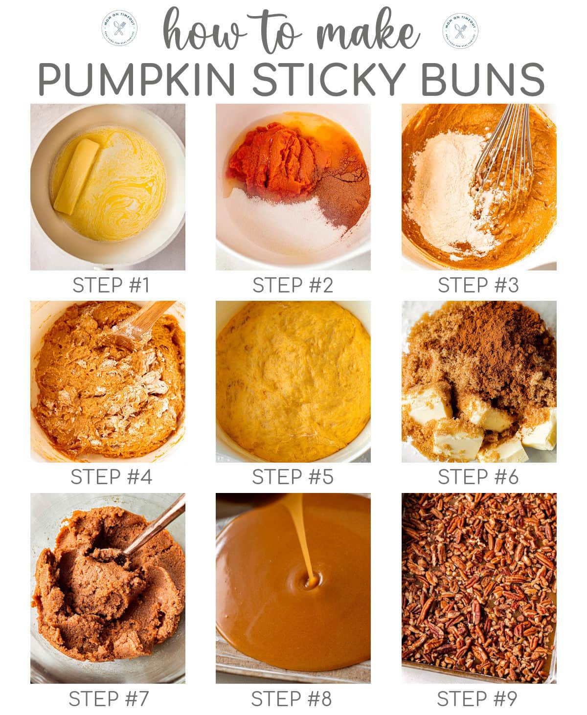 Nine image collage showing how to make pumpkin sticky buns dough step by step. Title overlay at the top of image.