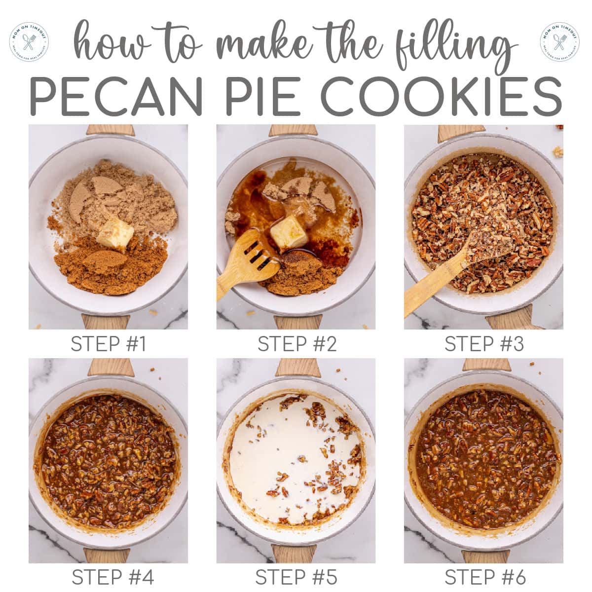 Six image graphic showing how to make the filling for pecan pie cookies. Title overlay at the top of the image.