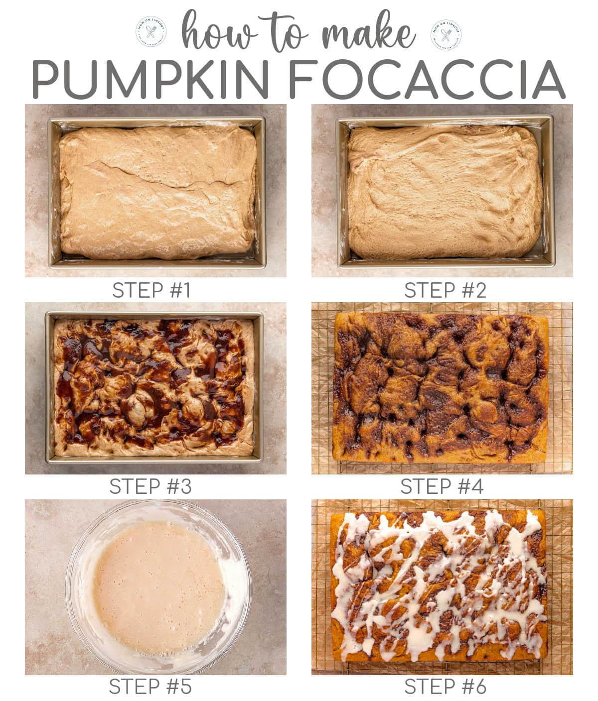 Six image graphic showing how to assemble cinnamon roll pumpkin focaccia step by step. Text overlay at top of image.