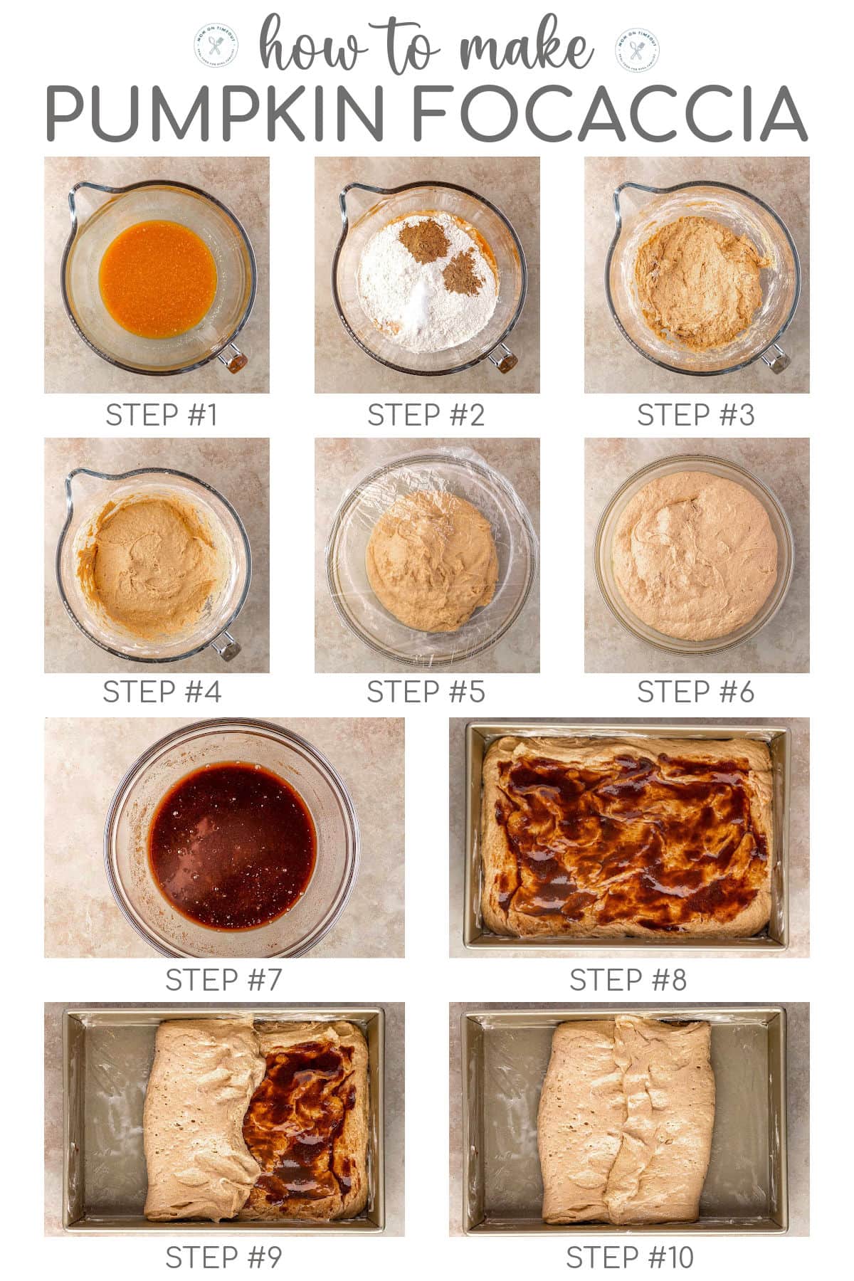 Ten image graphic showing how to make pumpkin focaccia step by step. Text overlay at top of image.