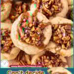 Two image graphic showing pecan pie cookies recipe piled high on a serving board ready to be enjoyed. One cookie shown with a bite taken. Text overlay at top and bottom of image.