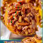 Two image graphic of pumpkin sticky buns showing being lifted away with the caramel pecan topping and the other shown in the pan fully baked. Text overlay at the top and bottom of image.