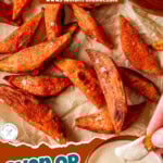 Two image graphic showing sweet potato wedges on baking sheet and small bowl of brown sugar cinnamon dipping sauce. Text overlay at top and bottom of image.