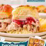 Two image graphic of turkey sliders made with cranberry sauce and Thanksgiving leftovers. Text overlay at top and bottom of image.