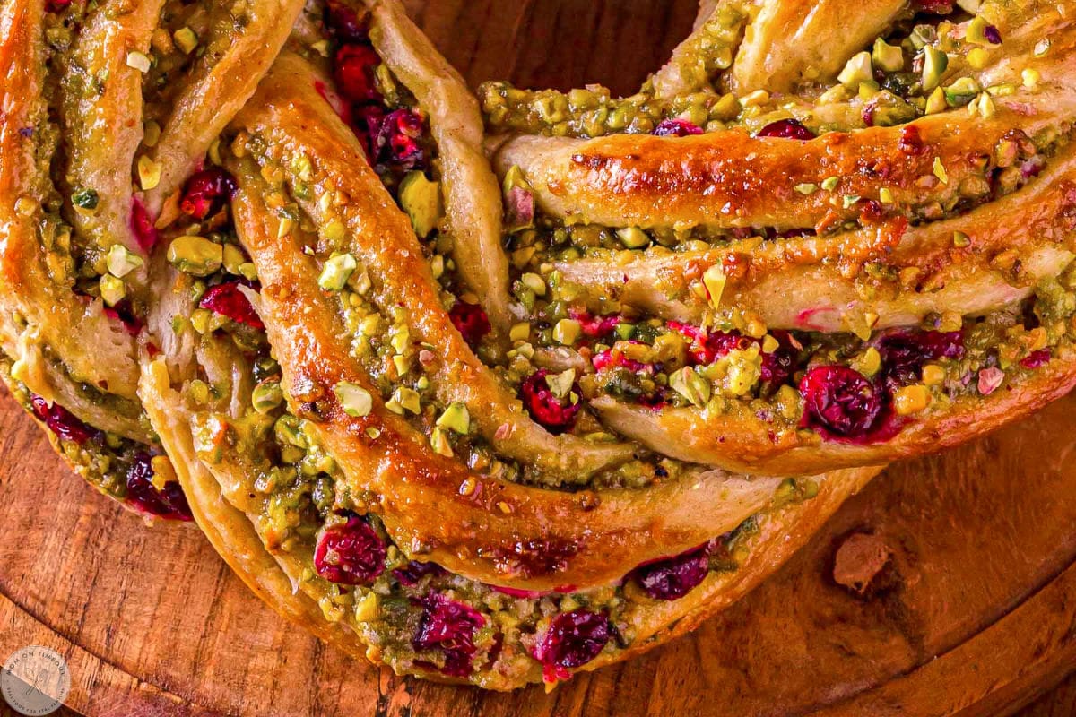 Close up look at the intricate braiding of the babka bread recipe.