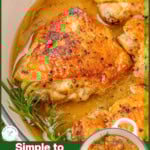 Two image graphic showing braised chicken thighs in white skillet with fresh herbs and lemons. Text overlay at top and bottom of image.