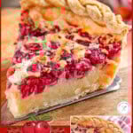 Two image graphic for cranberry custard pie with text overlay at top and bottom of image.