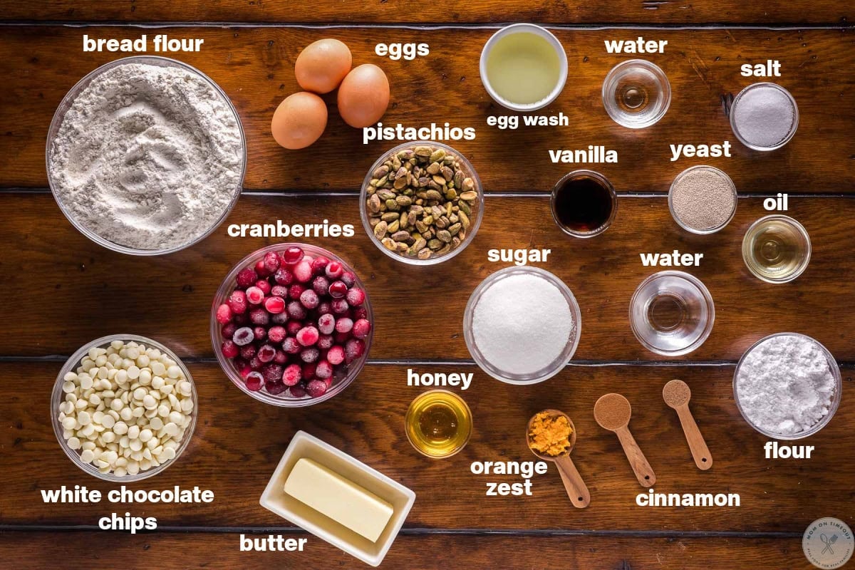 Flat lay shot of cranberry pistachio babka recipe ingredients in bowls and labeled.