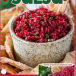 Two image graphic showing cranberry salsa recipe in bowl surround by chips and also on a goat cheese log. Text overlay at top and bottom of image.