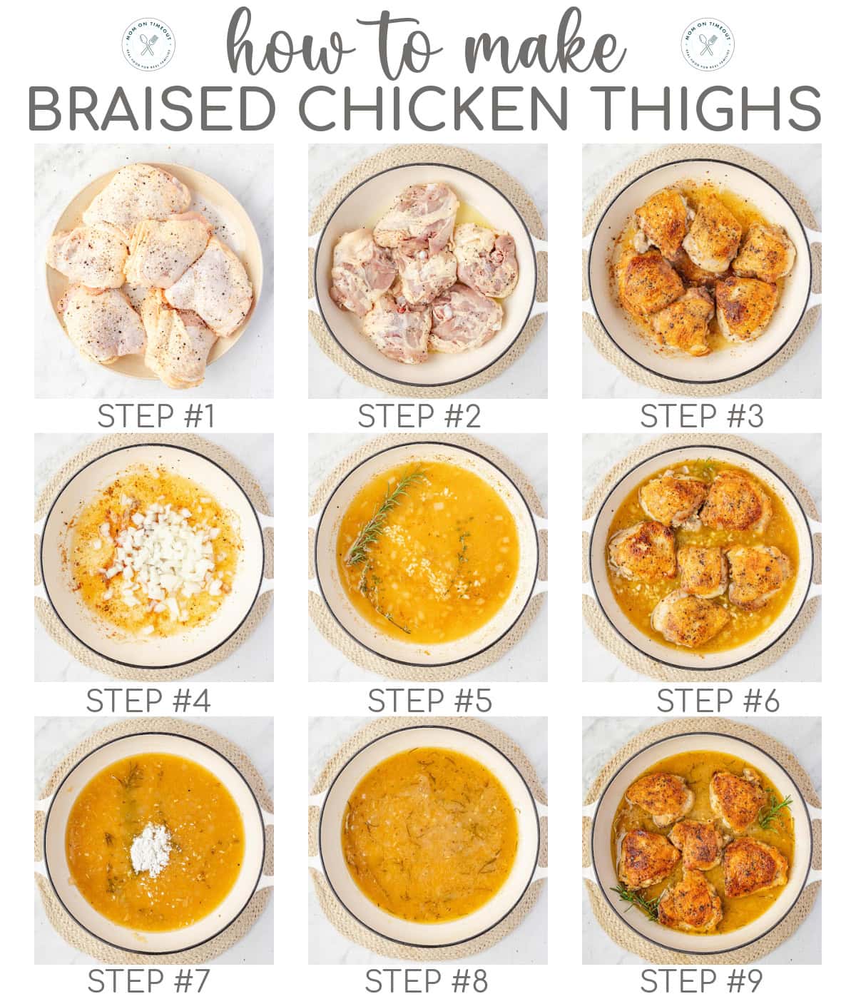 Nine image graphic showing how to make braised chicken thighs step by step with numbered overlays.