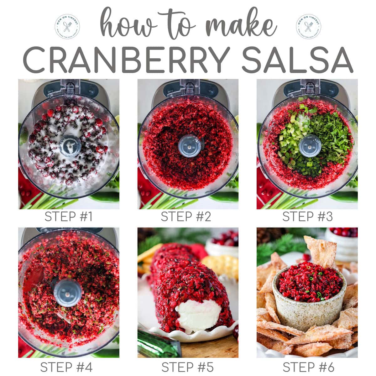 Six image graphic showing how to make cranberry salsa recipe step by step. Text overlay at top of image.