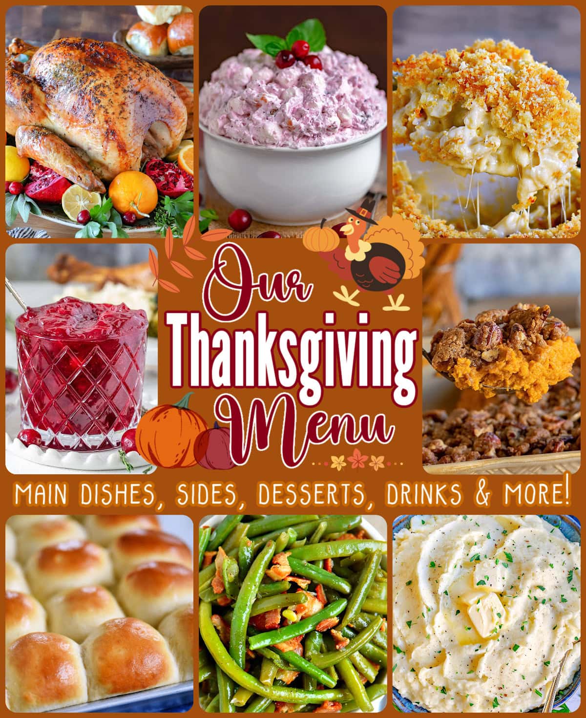 Thanksgiving menu collage with text overlay showing classic Thanksgiving dishes.