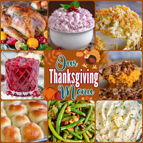 Eight image collage showing thanksgiving menu traditional recipes with text overlay.