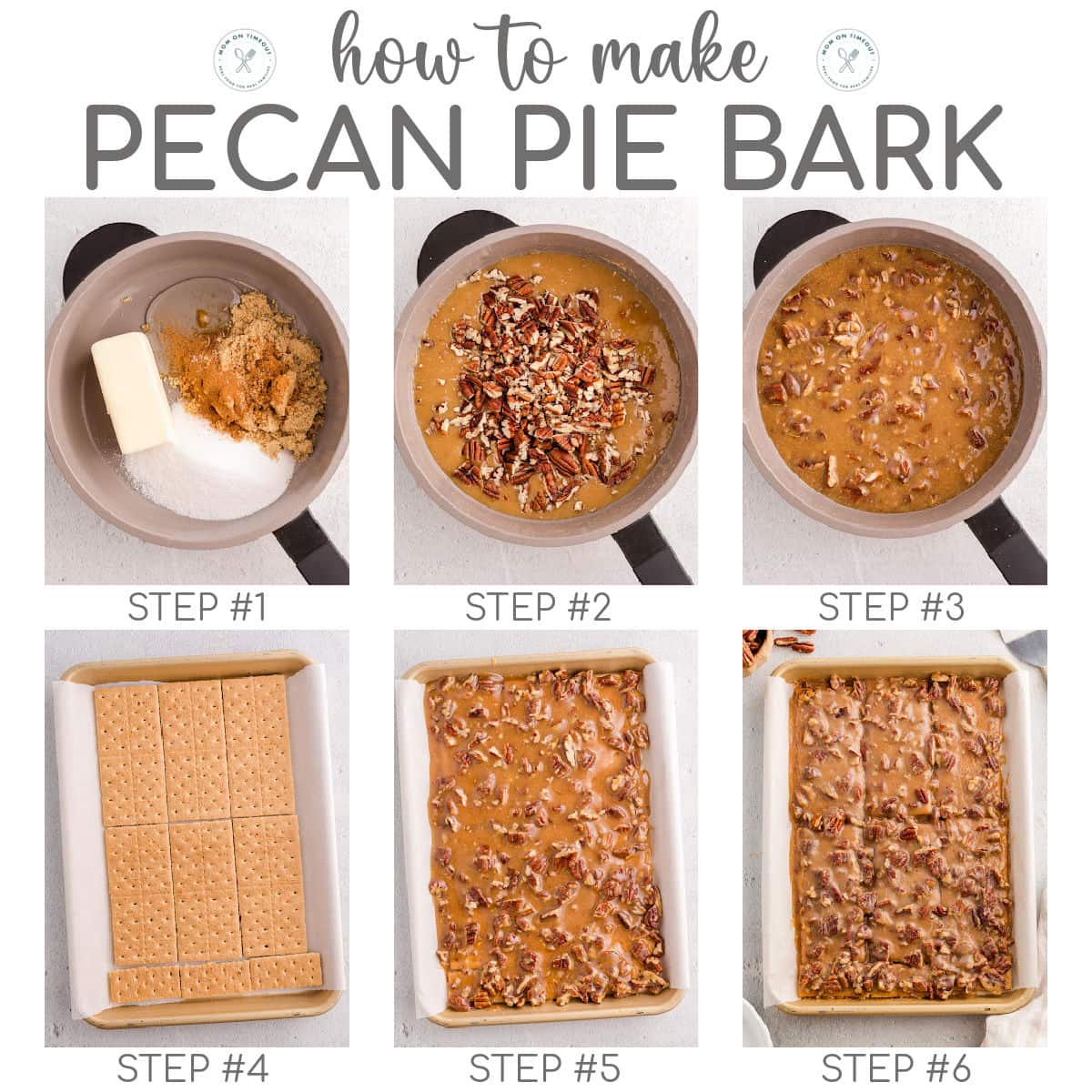 Six image collage showing how to make pecan pie bark recipe step by step.
