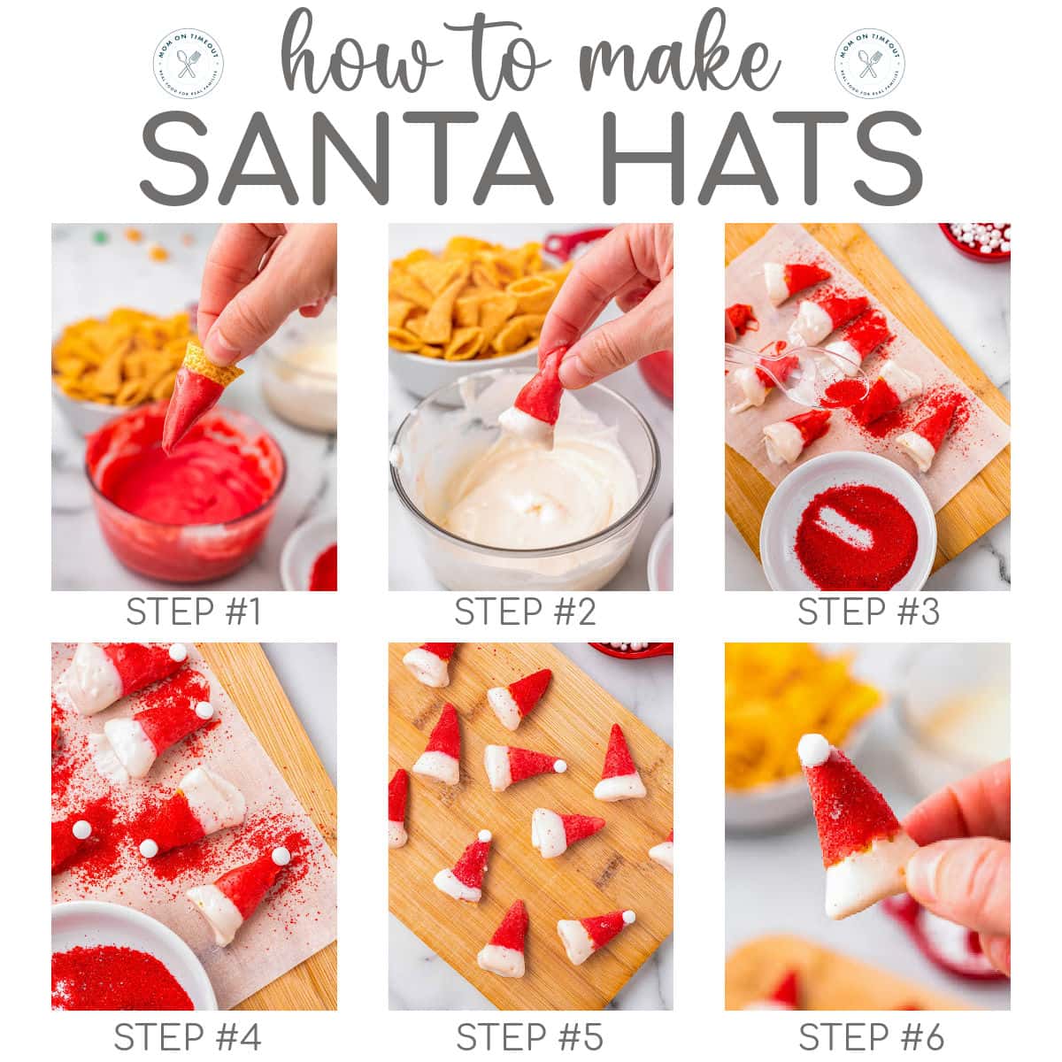 Six image collage showing how to make santa hats with bugles.