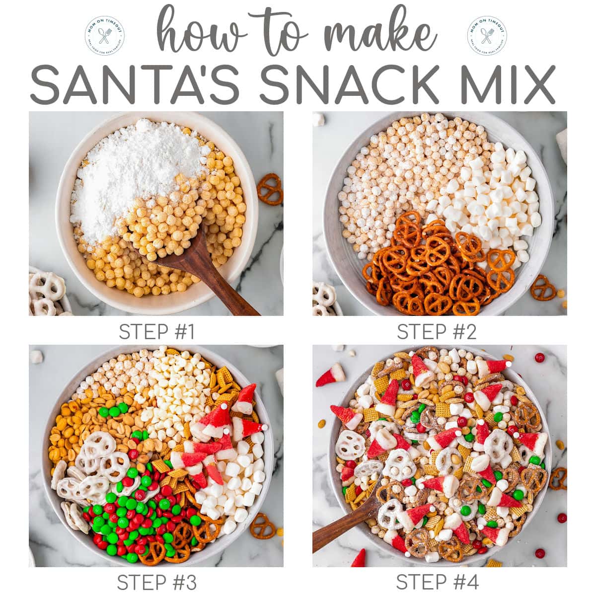 Four image graphic showing how to make Santas Snack Mix.