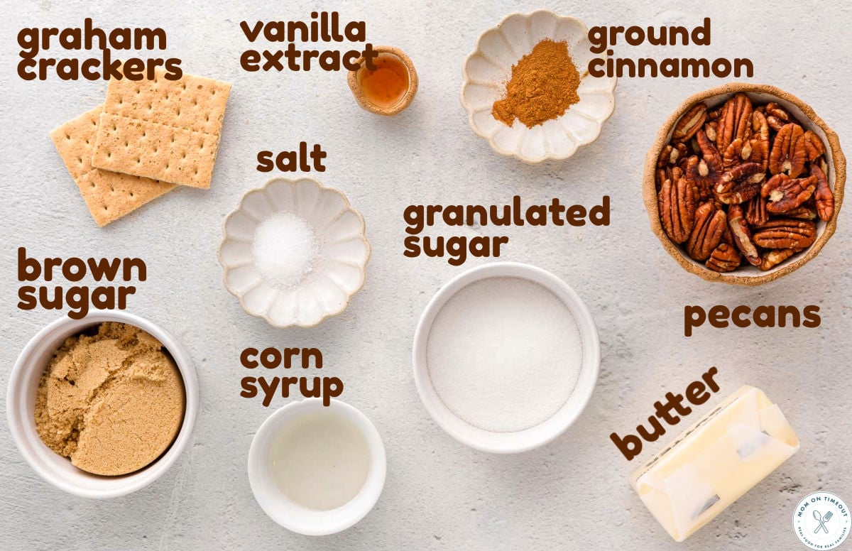 Ingredients for pecan pie bark measured out into small bowls and labeled.