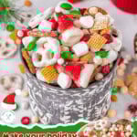 Two image graphic showing santas Christmas snack mix with text overlay.
