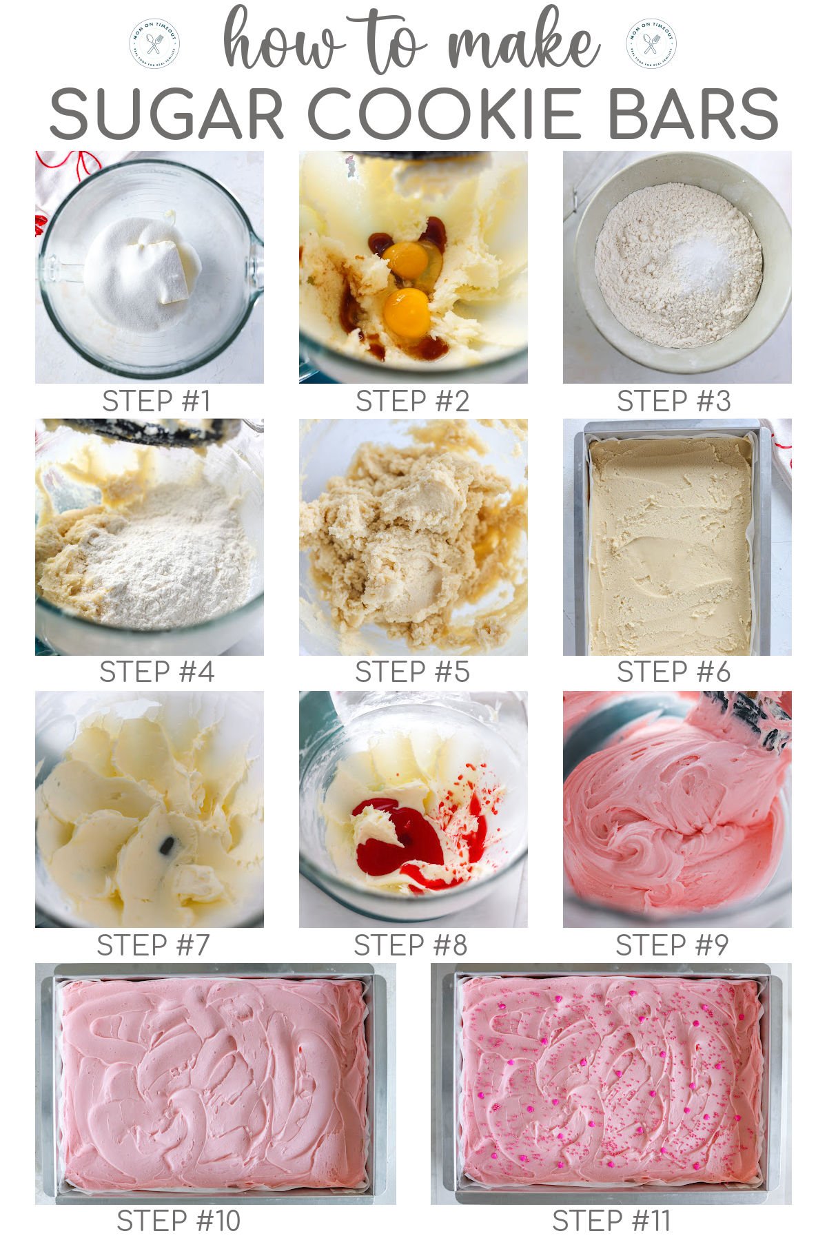 Eleven image collage showing how to make sugar cookie bars with pink cherry frosting. Graphic has text overlay at the top.