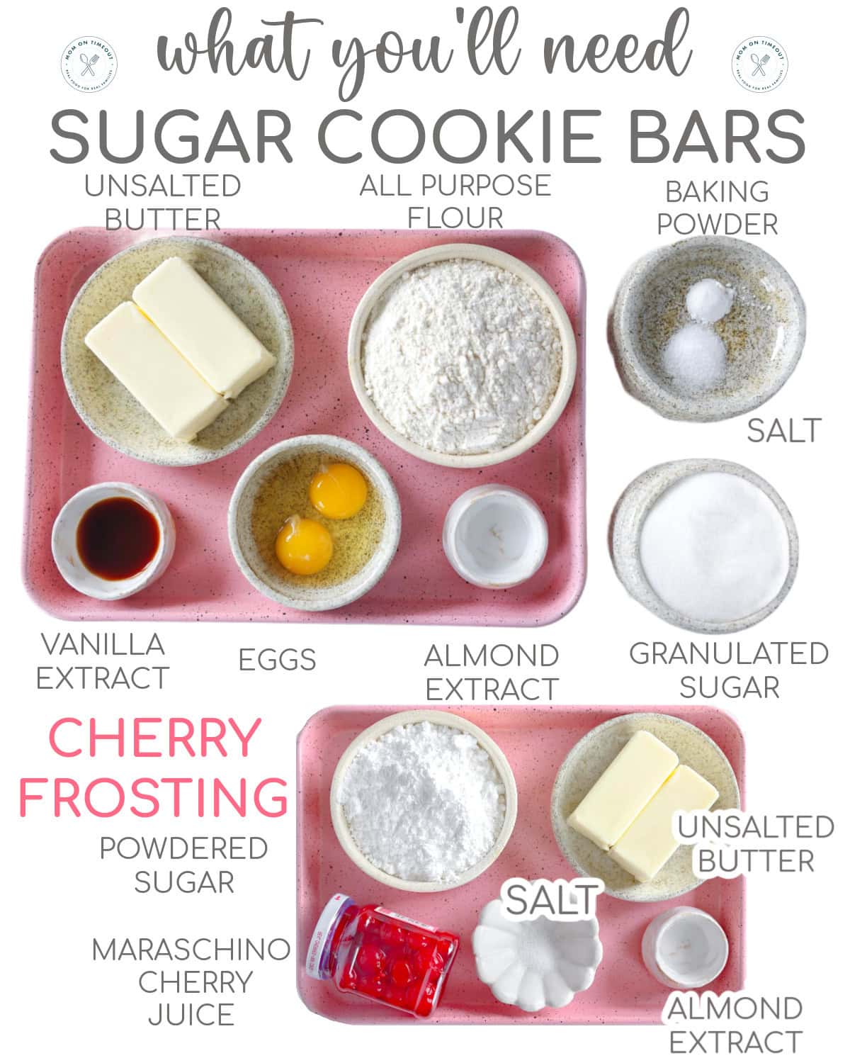 ingredients for sugar cookie bars laid out and labeled for both the bars and the frosting. 