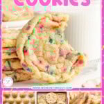 Four image graphic showing funfetti cookies as dough balls, on wire rack, with a bite taken out of it. Text overlay at top of image.