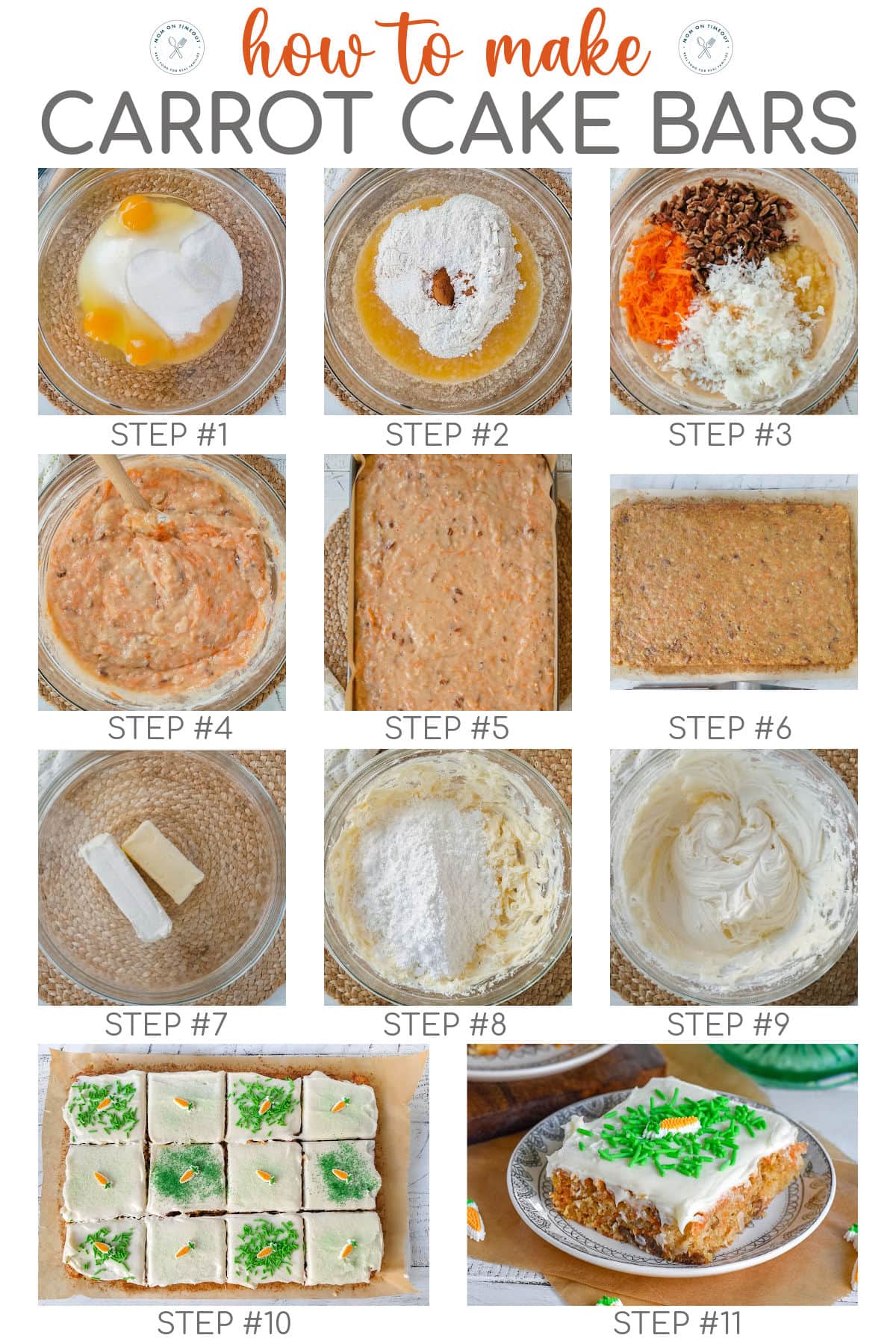 Eleven image collage showing how to make carrot cake bars with cream cheese frosting. Text overlay at the top of the image. 