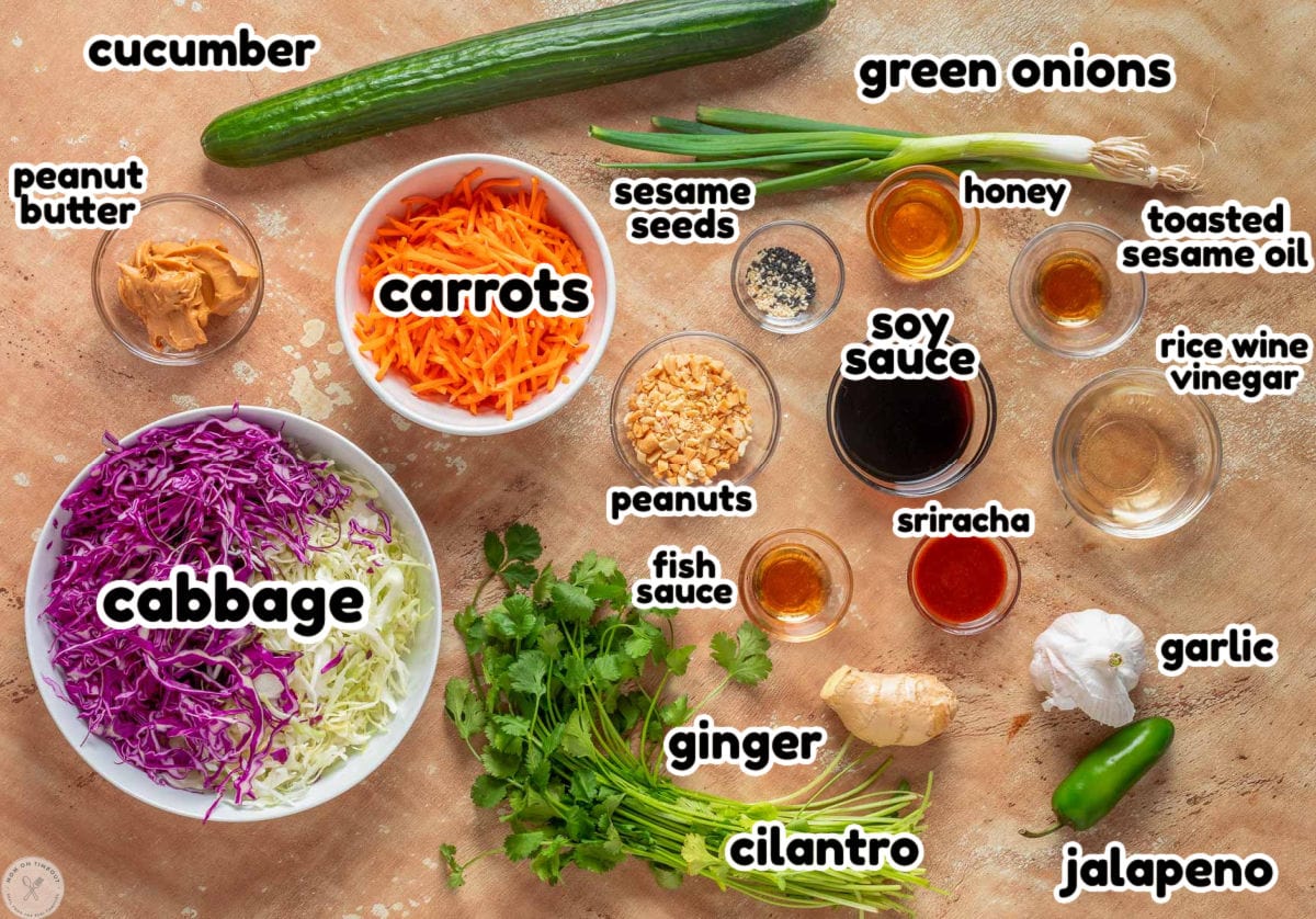 Overhead shot of thai salad and thai peanut dressing ingredients laid out on surface and labeled.