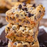 Carmelitas recipe graphic showing a stack of carmelitas bars with ooey gooey caramel. Text overlay at top and bottom of image.
