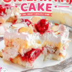 Long graphic pin for heaven on earth cake recipe showing a piece of the dessert on a white plate. Text overlay at top and bottom of image.