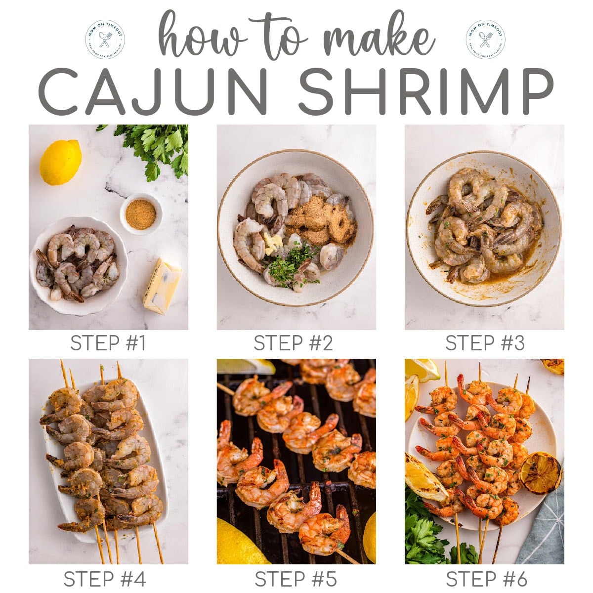 Six image collage showing how to make cajun shrimp.