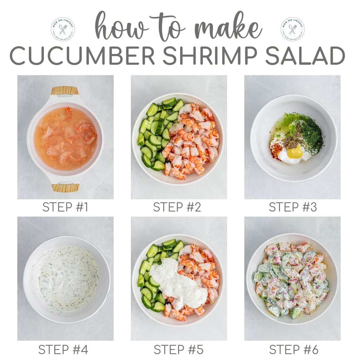 Six image collage showing how to make cucumber shrimp salad step by step. Text overlay at the top of the collage.