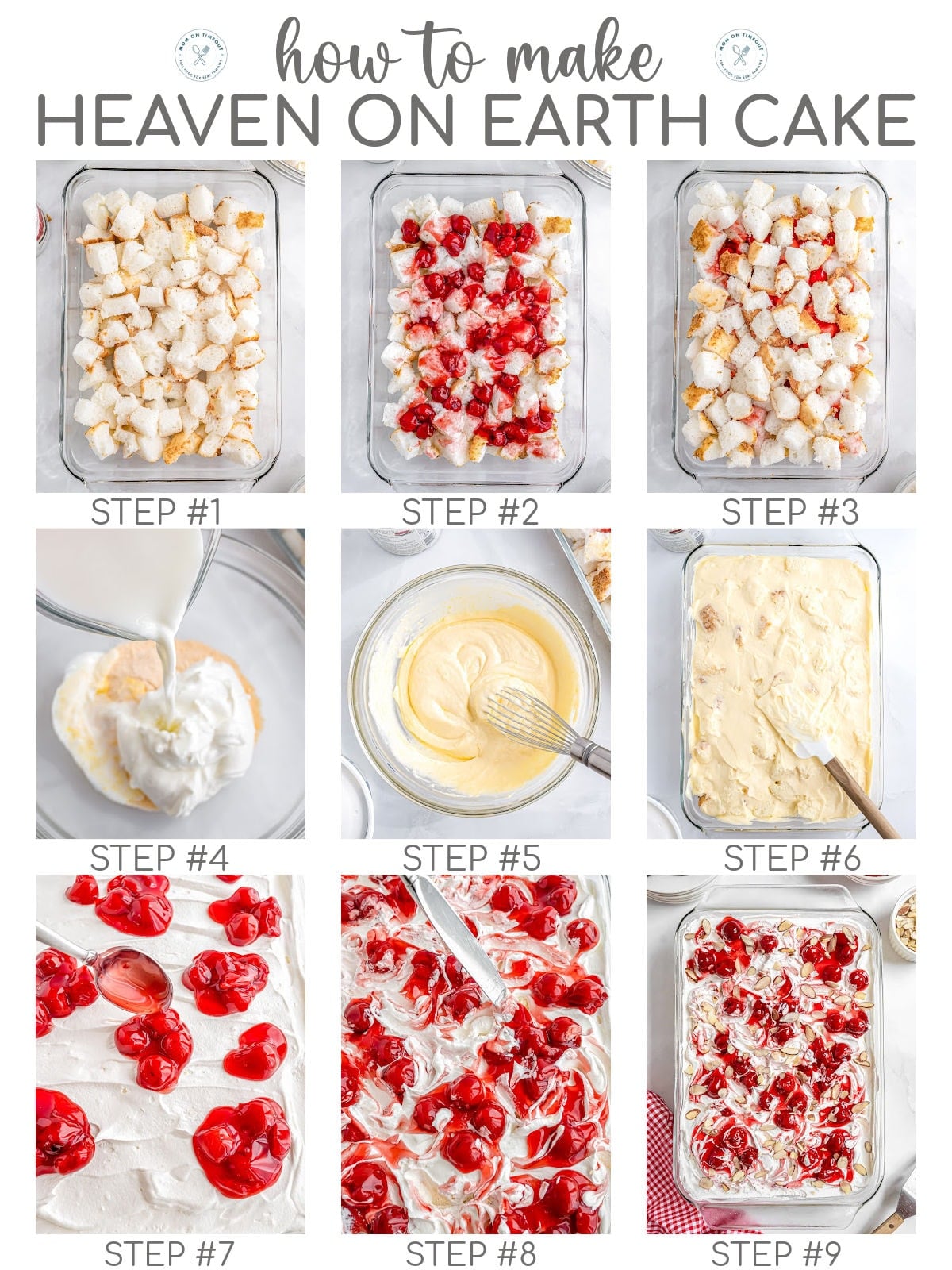 Nine image collage showing how to make heaven on earth cake recipe step by step. Title at top of graphic.