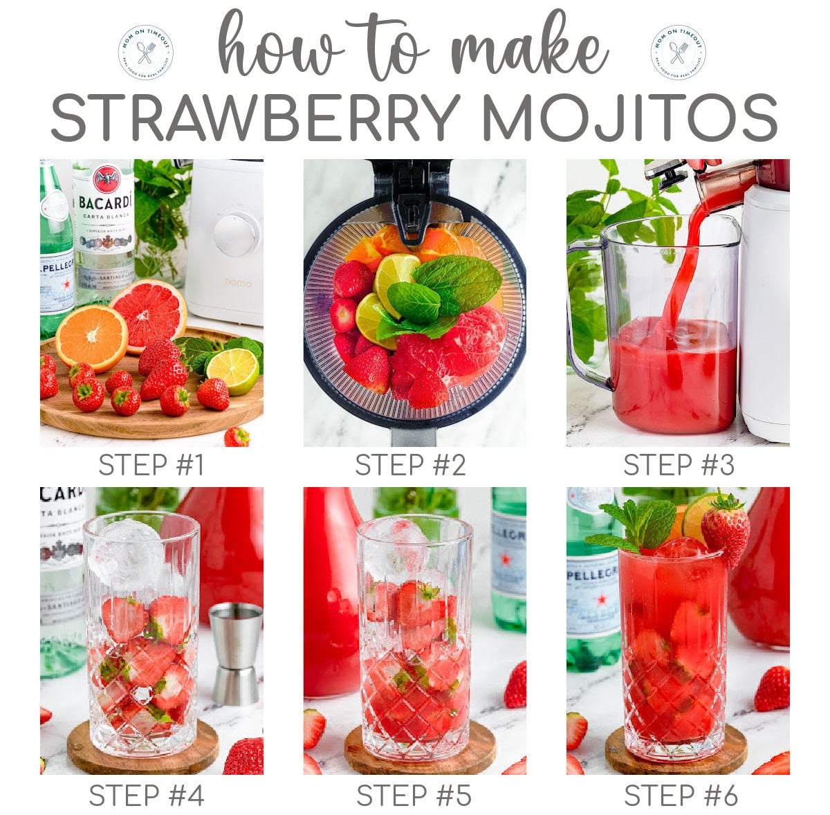 Six image collage with text overlay at top showing how to make strawberry mojitos step by step.